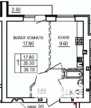 1-к квартира, строящийся дом, 38м2, 7/10 этаж