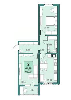 2-к квартира, вторичка, 64м2, 2/24 этаж