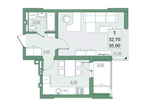 1-к квартира, вторичка, 33м2, 11/22 этаж