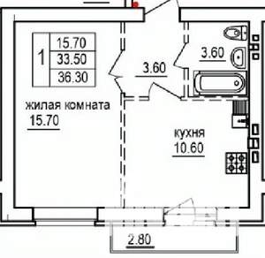 1-к квартира, строящийся дом, 36м2, 10/10 этаж