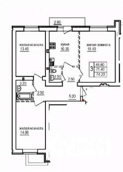 3-к квартира, вторичка, 74м2, 8/10 этаж