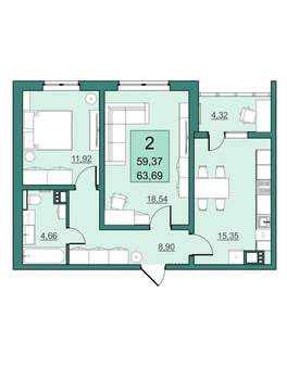 2-к квартира, вторичка, 59м2, 7/19 этаж