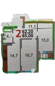 2-к квартира, сданный дом, 65м2, 1/11 этаж