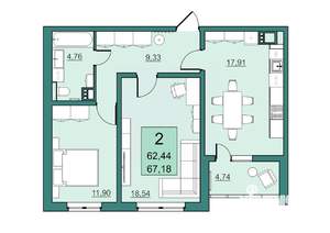 2-к квартира, вторичка, 62м2, 19/24 этаж