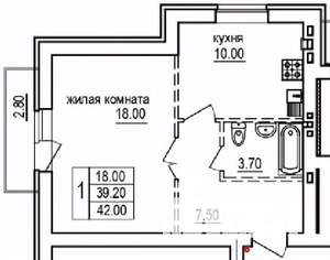 1-к квартира, строящийся дом, 42м2, 2/10 этаж