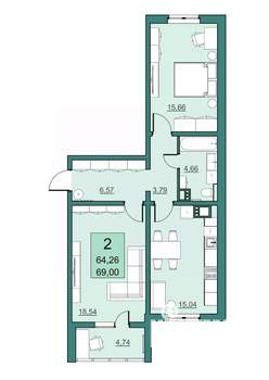 2-к квартира, вторичка, 64м2, 18/24 этаж