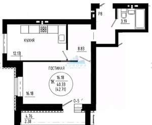 1-к квартира, вторичка, 45м2, 3/11 этаж