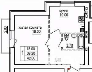 1-к квартира, строящийся дом, 42м2, 7/10 этаж